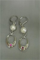 .925 Silver w/Pearl Accent Pierced Earrings