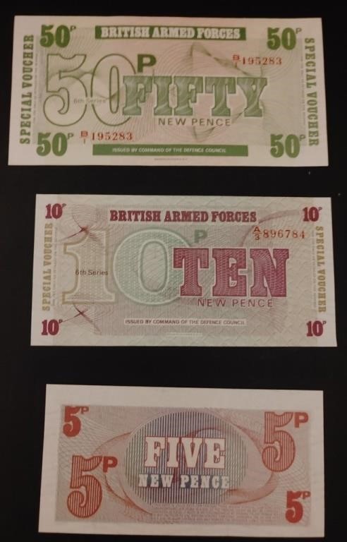 British Armed Forces 5, 10 & 50 New Pence Notes