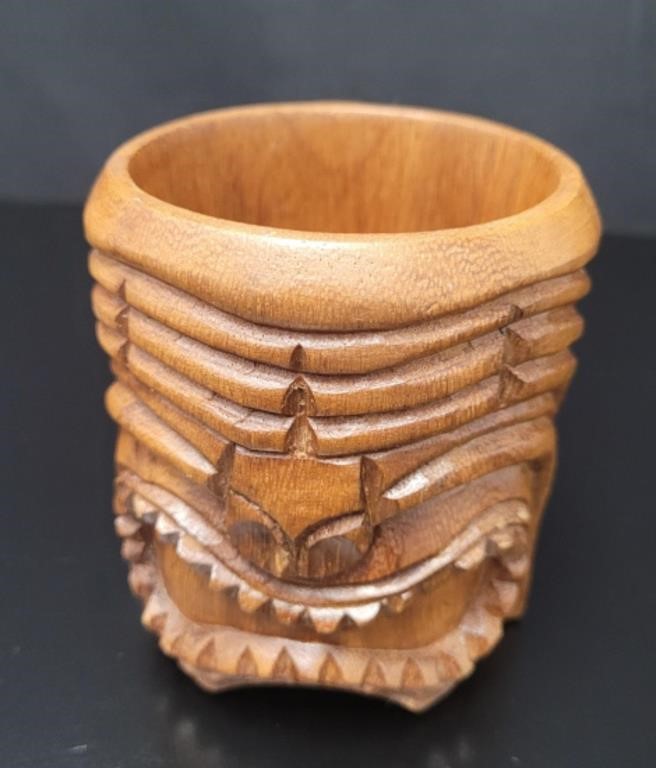 Vtg Hand-Carved Wood Tiki Mug with Handle