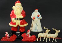 TWO BLOW MOLD PLASTIC SANTAS AND TWO CELLULOID