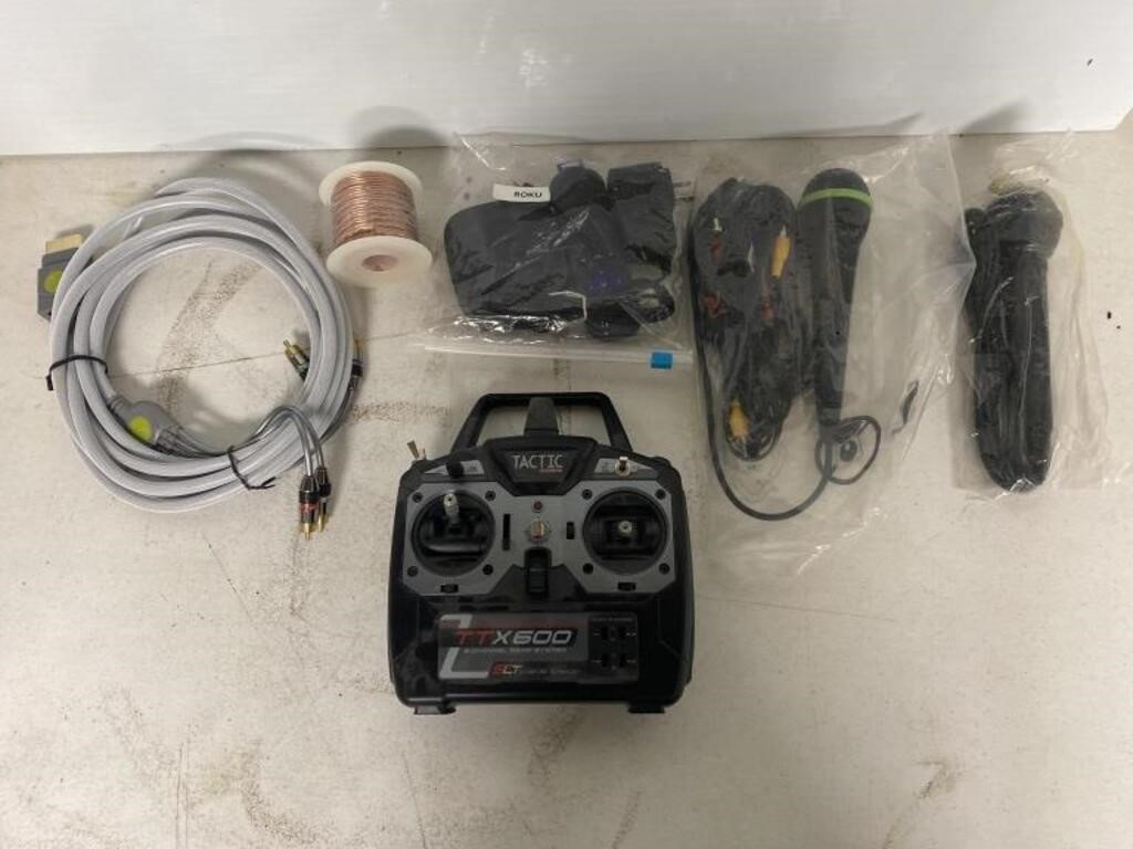 Computer cords, RC, controller, Roku, and