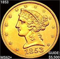 1853 $5 Gold Half Eagle UNCIRCULATED +