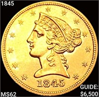 1845 $5 Gold Half Eagle UNCIRCULATED