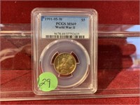 1991-95-W PCGS MS 69 WORLD WAR II $5 GOLD PIECE