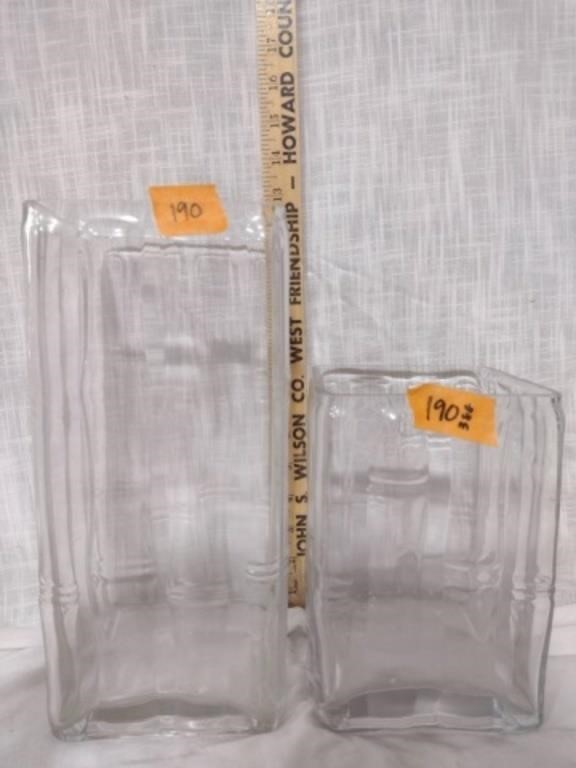 Two Lrg Clr Glass Square Bamboo Vases