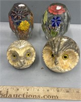 Art Glass & Stone Owl Paperweights