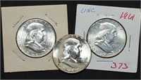 3 Uncirculated Franklin Silver Half Dollars BU
