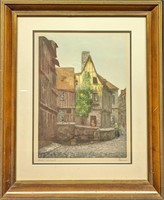 Vintage Colored Signed Old Town Etching