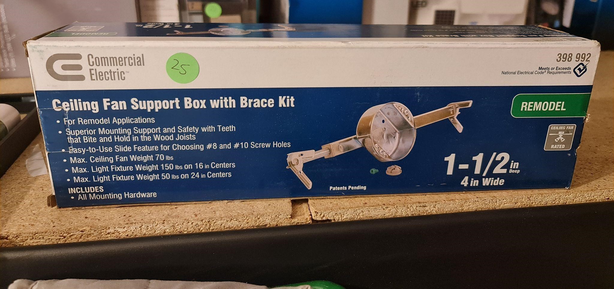 Ceiling fan support box w/ brace kit