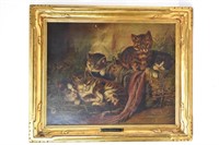Antique Oil on Canvas Cats at Play