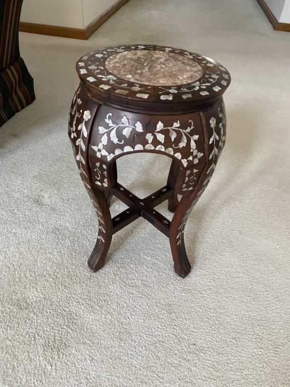 Marble top, wood and inlay plant stand