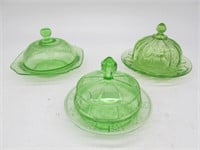 LOT OF 3 URANIUM GLASS COVERED DISHES SEE LONG