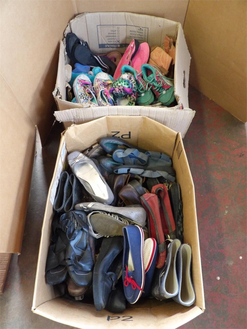 2 Boxes of Many Pairs of Various Shoes