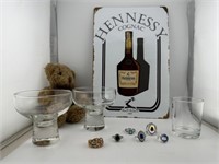 Hennessy metal sign, drinking glasses. Jewelry.