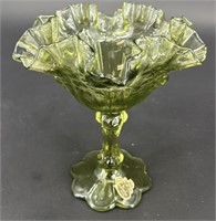 Fenton Colonial Green Embossed Rose Compote