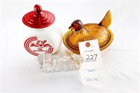 Amber Glass Hen on Nest, Glass Train Candy Dish,