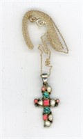 Sterling Cross w/ Coral, Turquoise, Pearl Navajo