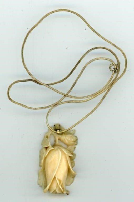 .925 Italy Necklace Carved Ivory Rose 20”