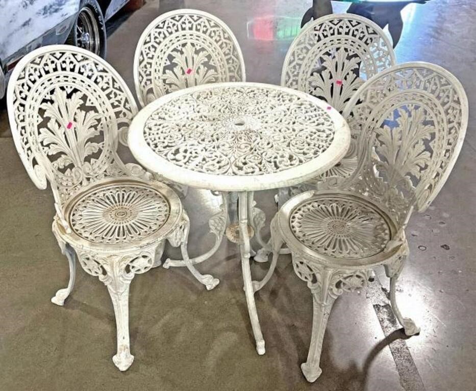 (5pc) Painted Cast Iron Bistro Table & 4 Chairs
