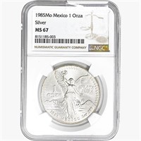 1985Mo 1oz. Silver Mexicanos Onza NGC MS67