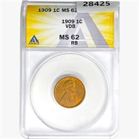 1909 VDB Wheat Cent ANACS MS62 RB