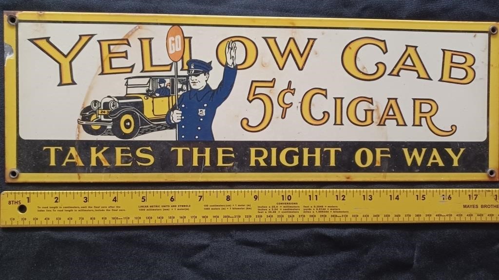 YELLOW CAB CIGARS 18x6 porcelain sign advertising