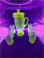 12"+ CZECH vaseline uranium glass pitcher tumblers