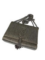 Metallic Gray Leather Tassle Chain Strap Purse