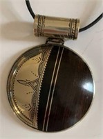 Large Vintage Silver & Wood Convex Pendant