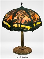 Antique Art Nouveau Slag Glass Scenic Overlay Lamp