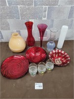 Red glass, blown glass vases, vintage glass