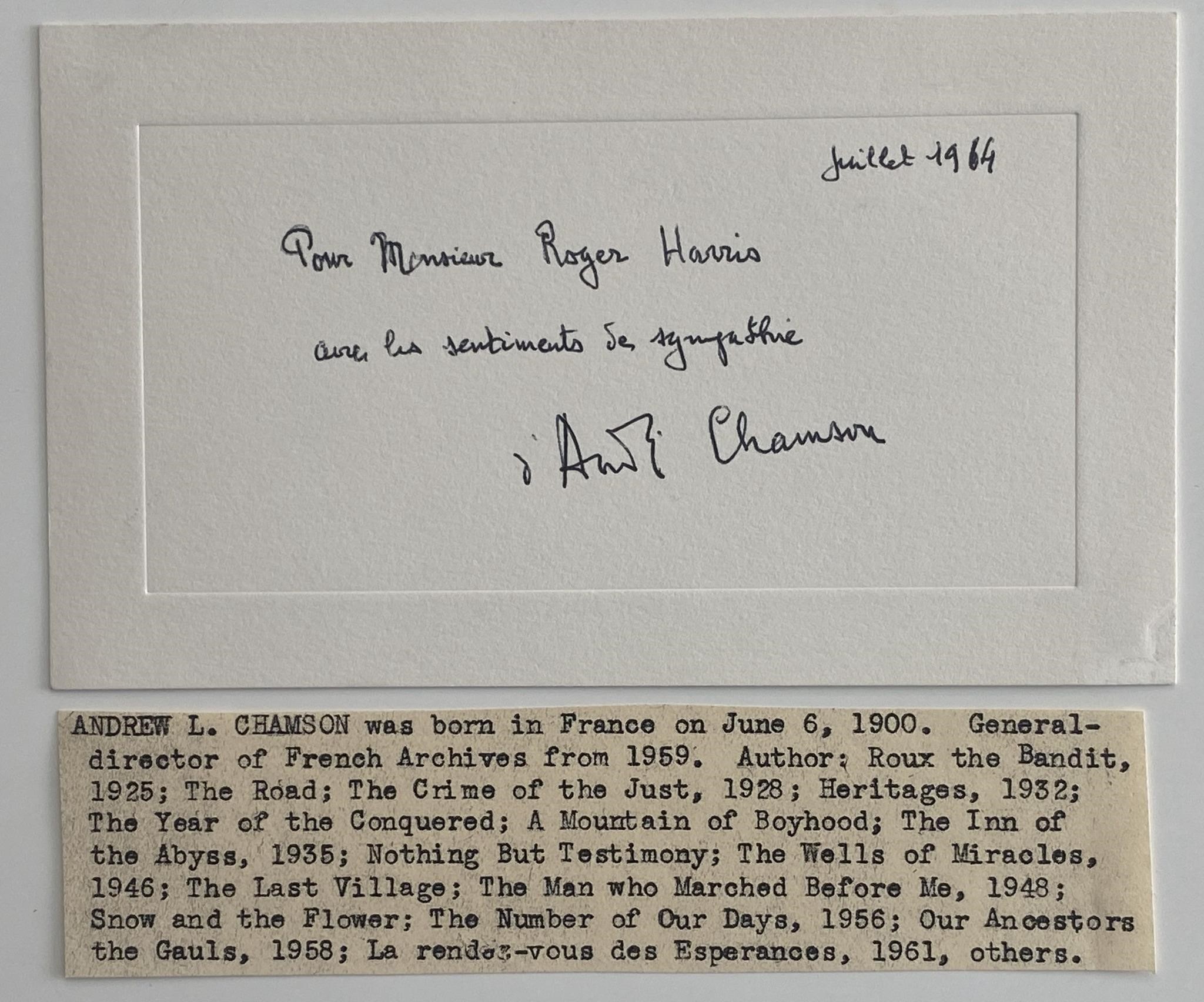 Andrew L. Chamson signed note and bio