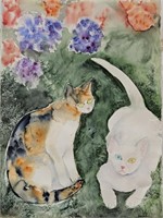 Cats and Hydrangeas Watercolor on Paper