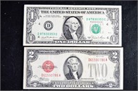 1928 F USA $2 BILL & 1981 US $1 BANK NOTE BILLS