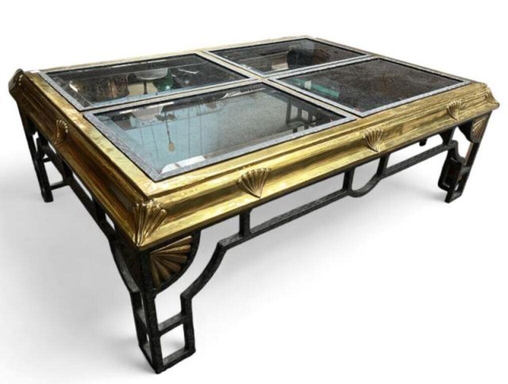 Brass, Iron, and Glass Coffee Table.