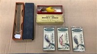 3 Wood lures, vintage 1950-60 jigging line,