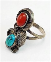 TURQUOISE, CORAL SILVER TONE RING marked LF