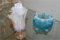 2 ruffle top vases incl. blue w/ opalescent rim &