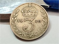 OF) 1920 British silver three pence