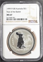 1999 P100 AUSTRALIA $1 1 OZ SILVER NGC MS67