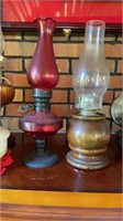 2 Vintage Look Oil Lamps, 1 Wooden & 1 Red With
