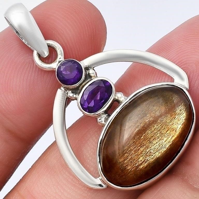 925 Sterling Silver Sunstone & Amethyst Pendant