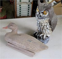 Resin owl and duck decoy.