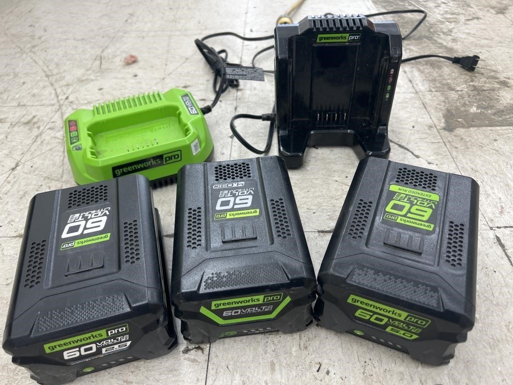 3 Greenworks Pro 60 Volt Batteries / 2 Chargers