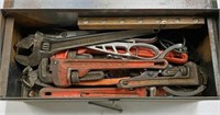 Metal Tool Box w/ Wrenches, Pipe Wrenches, Etc.
