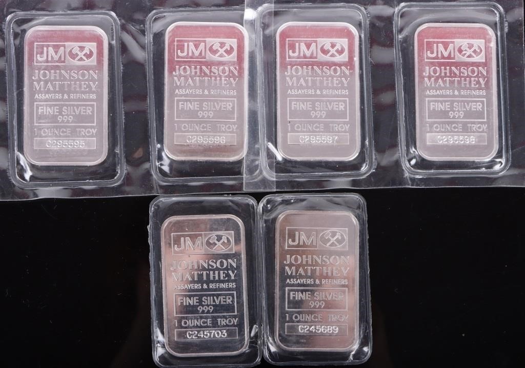 .999 FINE SILVER JOHNSON MATTHEY 1 OZT BARS - (6)