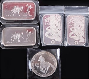 .999 FINE SILVER COLLECTIBLE MINT BARS & COIN (5)
