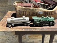 BOX FULL OF VINTAGE TRAINS, TRACK & PARTS
