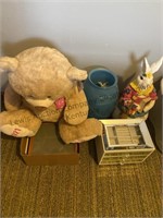 Large teddy bear, blue flower, vase, jewelry box,