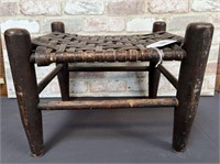 ANTIQUE WOOD STOOL WITH WOVEN TOP